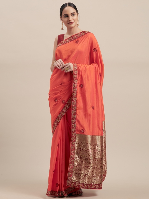 

Indian Women Orange & Red Poly Silk Embroidered Saree