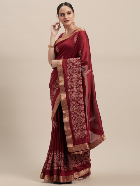 

Indian Women Maroon Embellished Poly Silk Saree