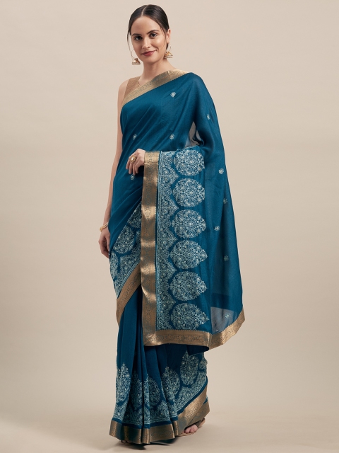 

Indian Women Blue Embroidered Poly Silk Saree