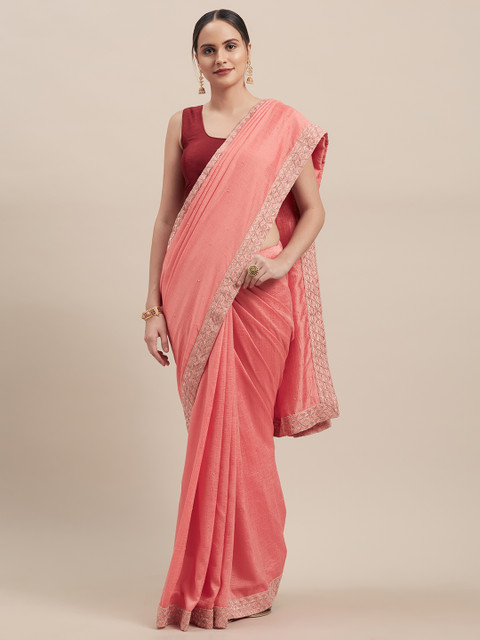 

Indian Women Pink Solid Poly Silk Saree