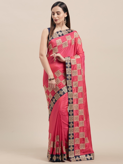 

Indian Women Pink & Navy Blue Poly Silk Embroidered Saree