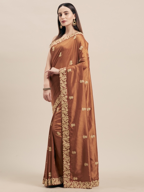 

Indian Women Brown Embroidered Poly Silk Saree