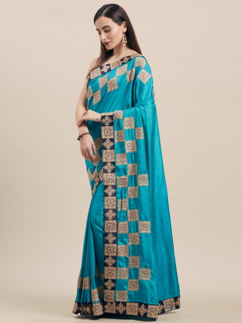 

Indian Women Teal Blue Embroidered Poly Silk Saree