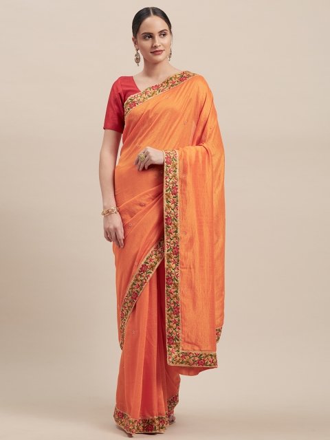 

Indian Women Mustard Orange Embellished Poly Silk Saree