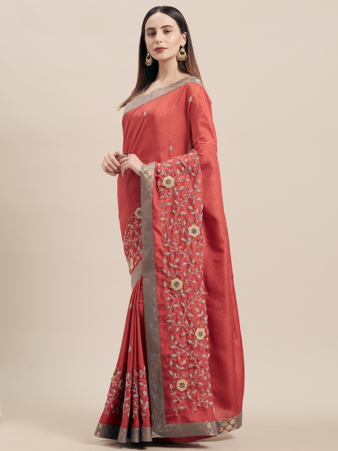 

Indian Women Red Embroidered Poly Silk Saree
