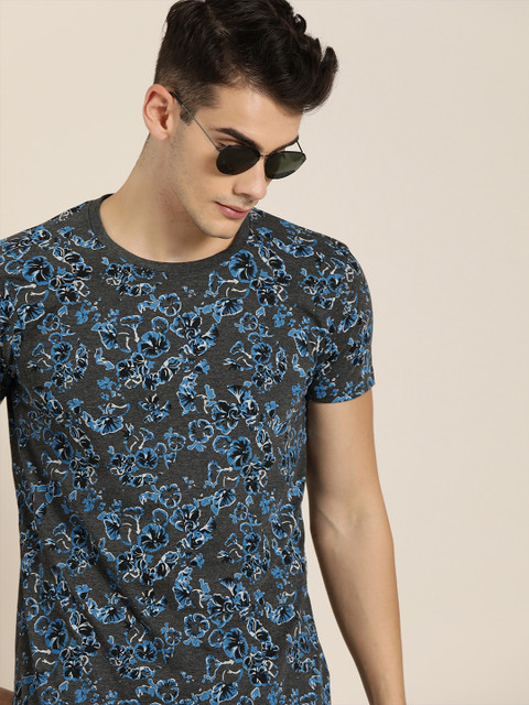 

Moda Rapido Men Grey & Blue Printed Round Neck T-shirt
