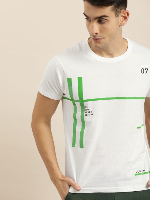 

Moda Rapido Men White Green Printed Round Neck Pure Cotton T-shirt