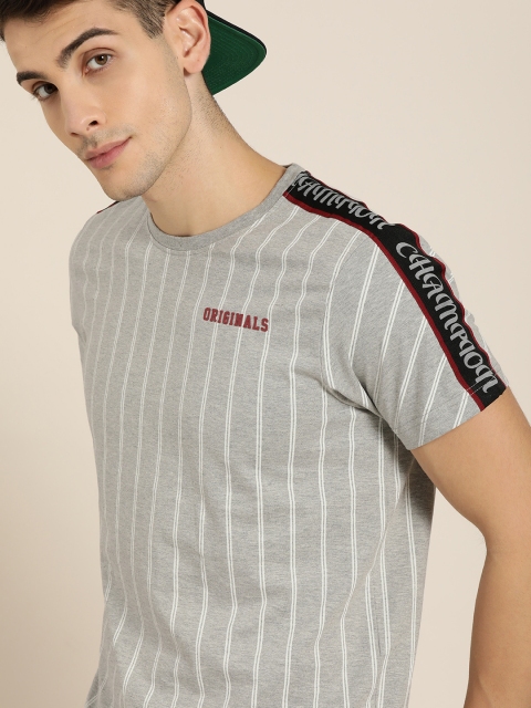 

Moda Rapido Men Grey Melange & White Striped Round Neck T-shirt with Applique Detail