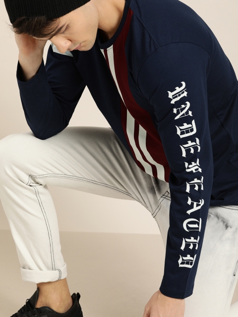 

Moda Rapido Men Navy Blue & White Striped Round Neck T-shirt With Printed Detail