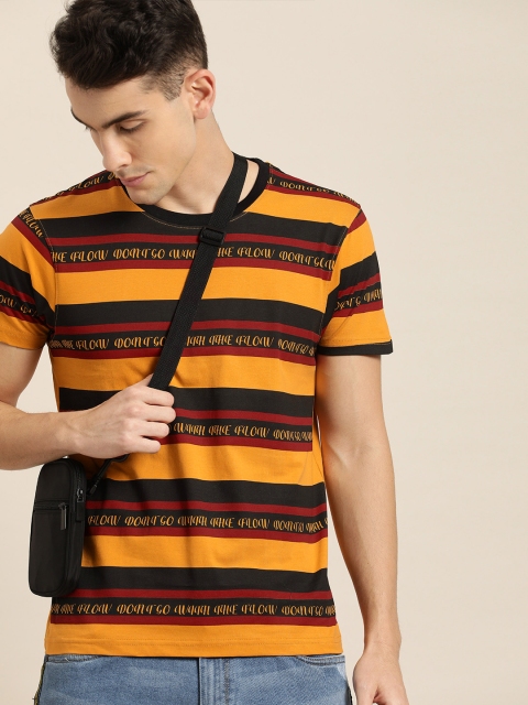 

Moda Rapido Men Mustard Black Striped Round Neck Pure Cotton T-shirt