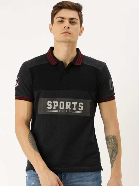 

Moda Rapido Men Charcoal Grey & Black Printed Polo Collar T-shirt