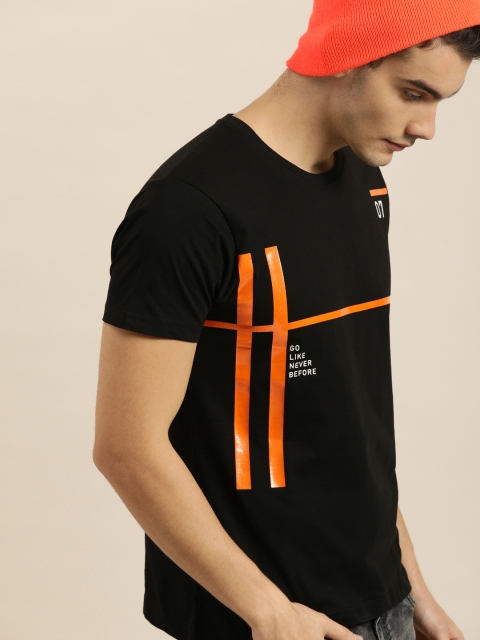 Men Black Orange Printed Round Neck Pure Cotton T-shirt