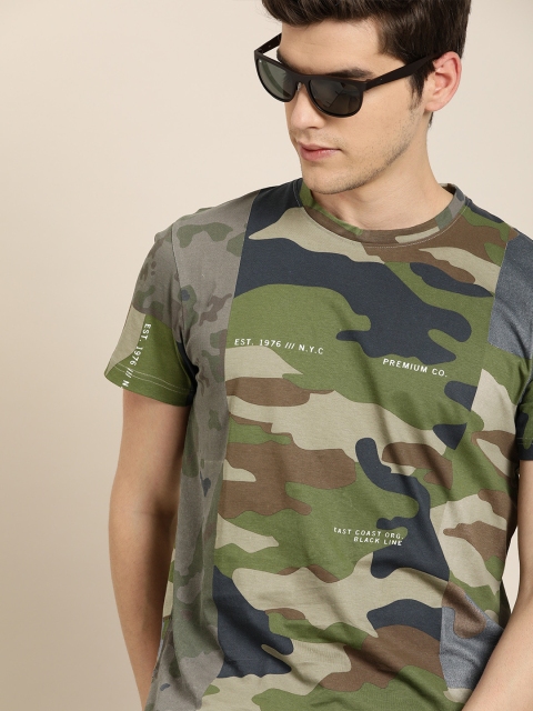 

Moda Rapido Men Olive Green Brown Camouflage Printed Round Neck Pure Cotton T-shirt