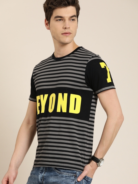 

Moda Rapido Men Black Grey Striped Round Neck Pure Cotton T-shirt With Applique Detail