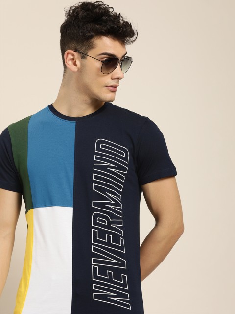 

Moda Rapido Men Navy Blue & White Colourblocked Round Neck T-shirt with Printed Detail