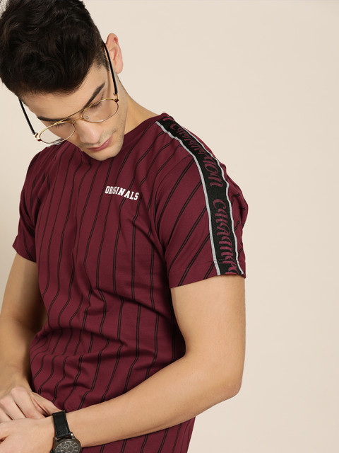 

Moda Rapido Men Maroon & Black Striped Round Neck T-shirt