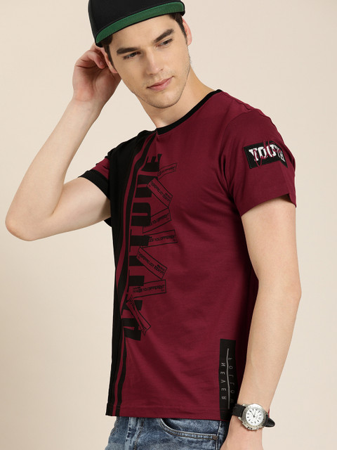 

Moda Rapido Men Black & Burgundy Colourblocked Round Neck T-shirt