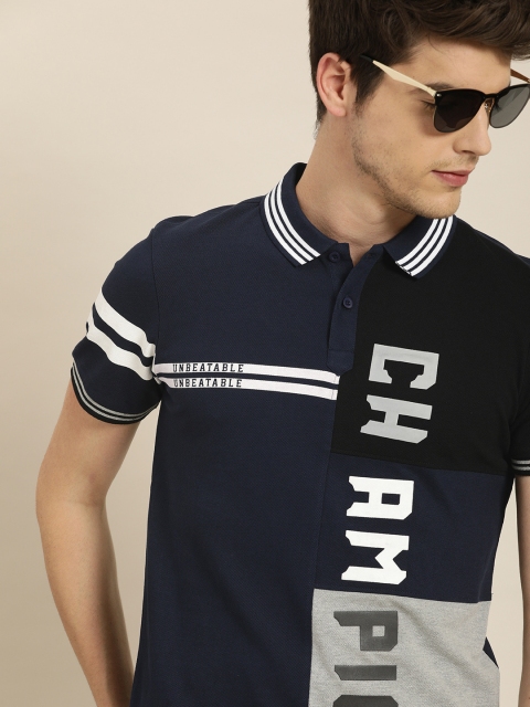 

Moda Rapido Men Navy Blue Printed Polo Collar T-shirt