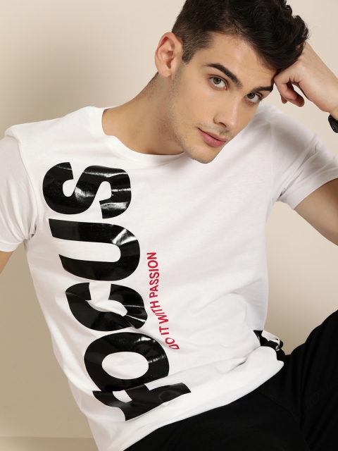 

Moda Rapido Men White Black Placement Printed Round Neck Pure Cotton T-shirt