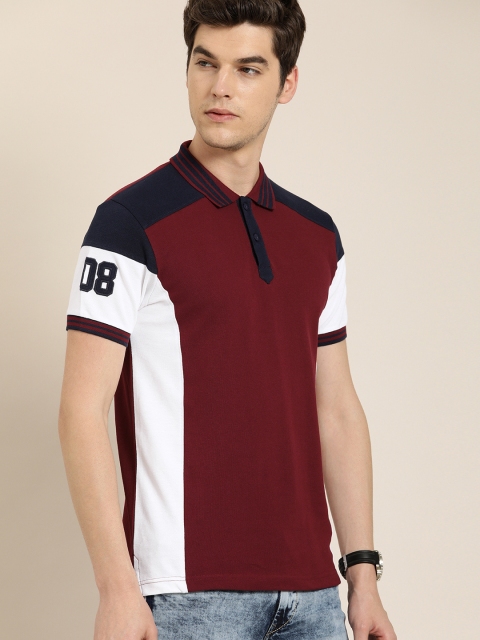 

Moda Rapido Men Maroon White Colourblocked Polo Collar Pure Cotton T-shirt With Applique Detail