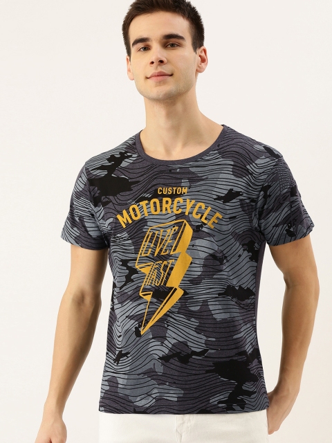 Moda Rapido Mens Charcoal Grey and Black Camouflage Printed Casual Tshirts