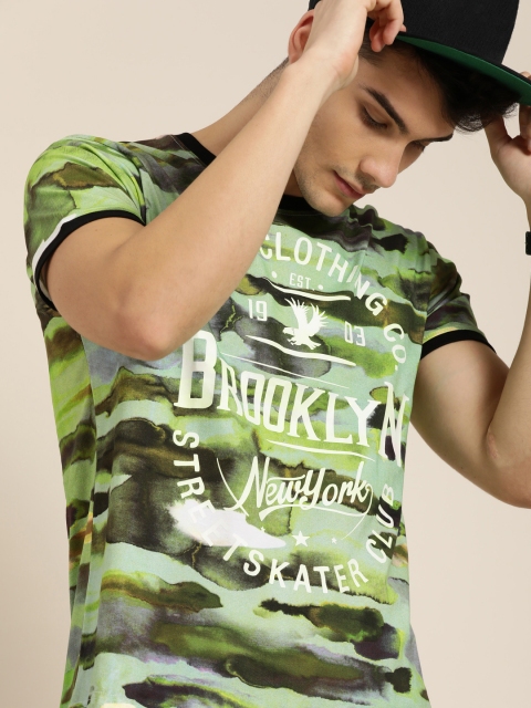 

Moda Rapido Men Green Brown Printed Round Neck Pure Cotton T-shirt