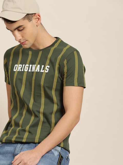 Men Olive Green Yellow Striped Cotton Pure Cotton T-shirt