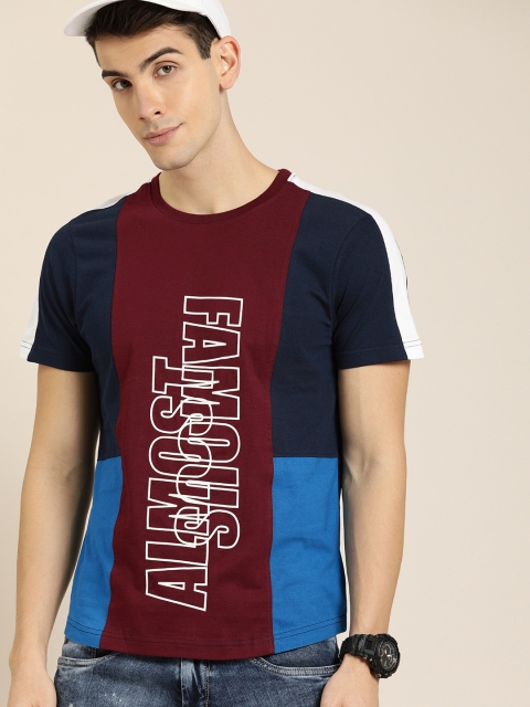 

Moda Rapido Men Blue & Burgundy Colourblocked Round Neck T-shirt