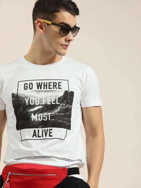 

Moda Rapido Men White Black Printed Round Neck Pure Cotton T-shirt