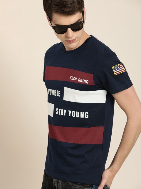 

Moda Rapido Men Navy Blue Printed Round Neck Pure Cotton T-shirt