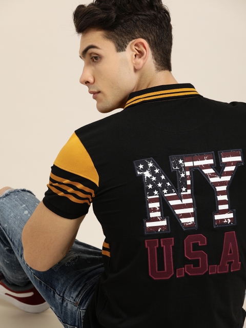 

Moda Rapido Men Black & Mustard Yellow Striped Polo Collar T-shirt