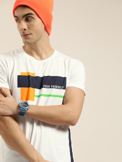 Men White Printed Round Neck Pure Cotton T-shirt