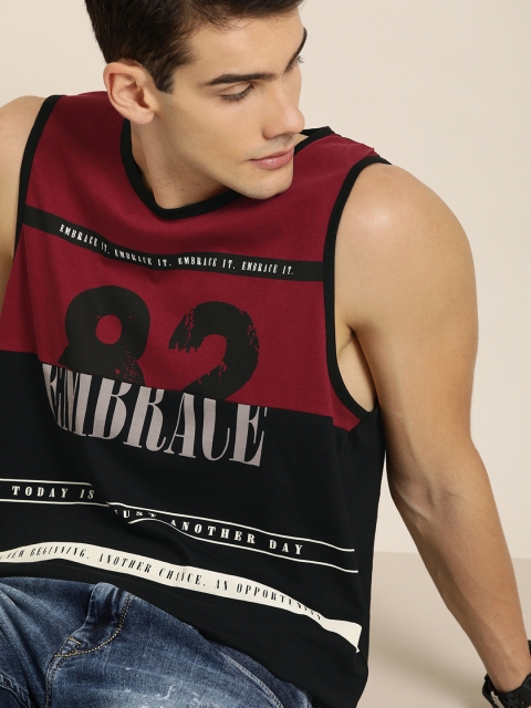 

Moda Rapido Men Black Maroon Printed Round Neck Longline Pure Cotton T-shirt