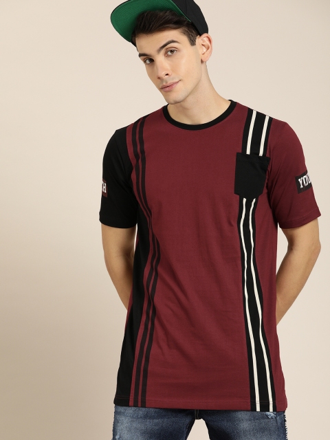 

Moda Rapido Men Burgundy & Black Striped Round Neck T-shirt