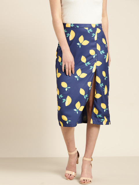 

Moda Rapido Women Navy Blue & Yellow Printed High Slit Straight Skirt