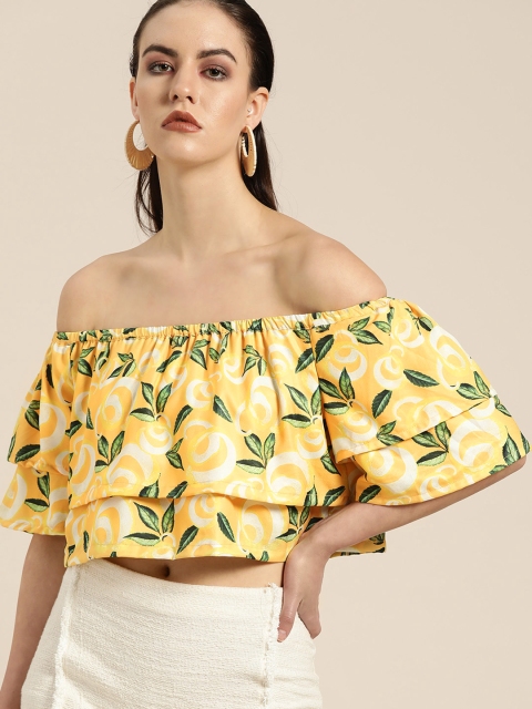 

Moda Rapido Women Yellow & Green Floral Print Crop Bardot Top