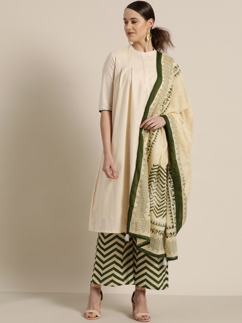 

Moda Rapido Women Cream-Coloured & Green Solid Kurta with Palazzos & Dupatta