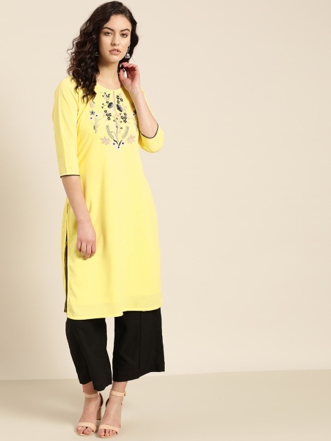 

Moda Rapido Women Yellow Floral Yoke Design Straight Kurta