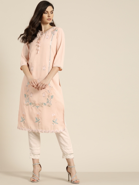 

Moda Rapido Women Pink & Blue Floral Embroidered Straight Kurta