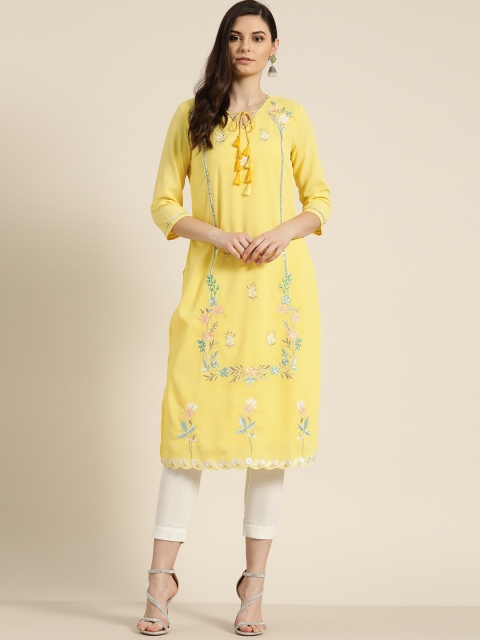 

Moda Rapido Women Yellow Floral Embroidered Straight Kurta