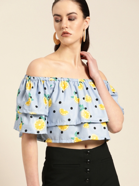 

Moda Rapido Women Blue & Yellow Floral Printed Crop Bardot Top
