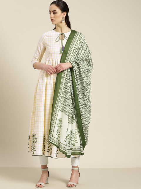 

Moda Rapido Women Off-White & Yellow Checked A-Line Kurta With Dupatta