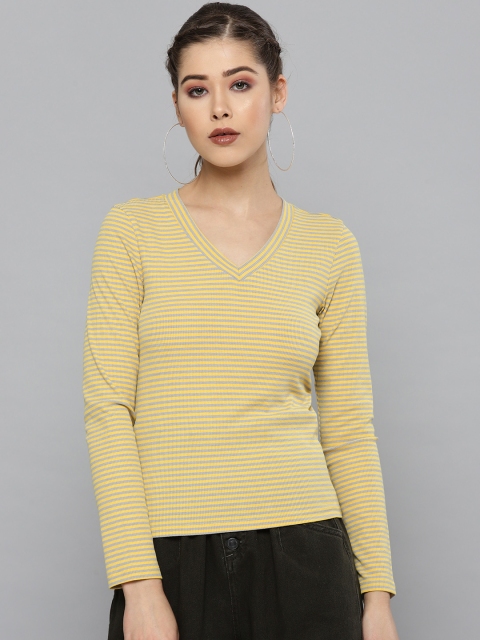 

VividArtsy Women Mustard Yellow & Grey Striped V-Neck T-shirt