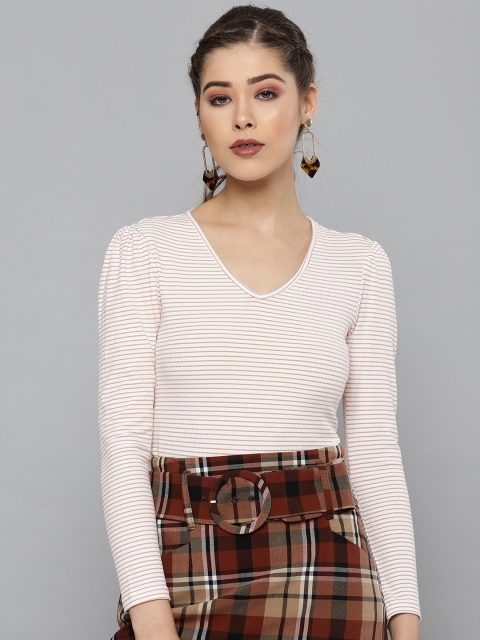 

VividArtsy Women White & Dusty Pink Striped Fitted Top