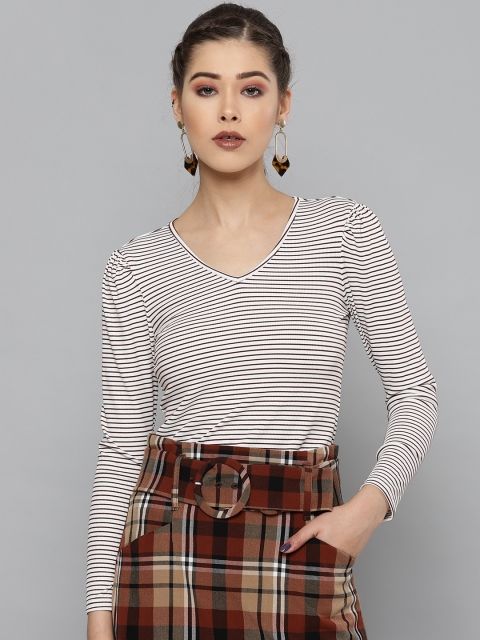 

VividArtsy Women White & Coffee Brown Striped V-Neck T-shirt