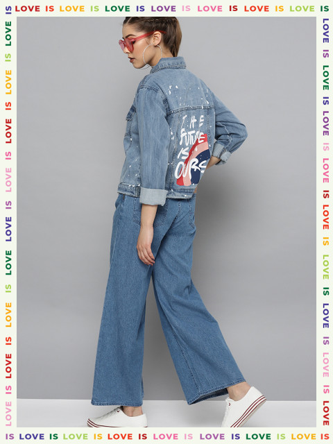 

VividArtsy Women Blue & White Printed Denim Jacket