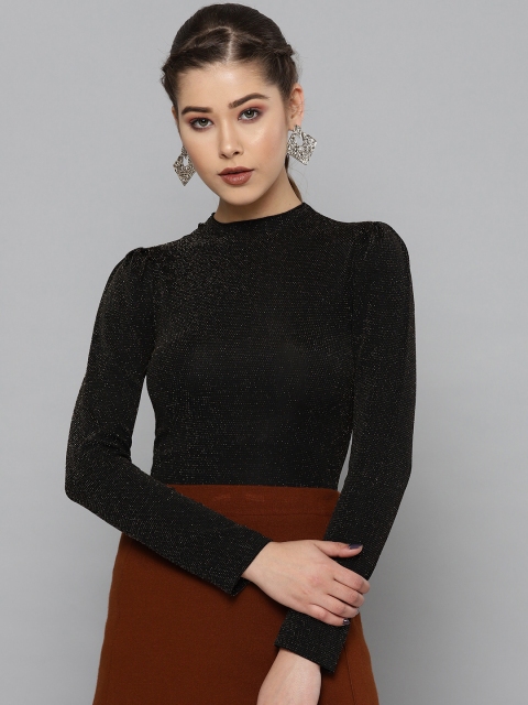 

VividArtsy Women Black Self-Design Shimmer Fitted Top