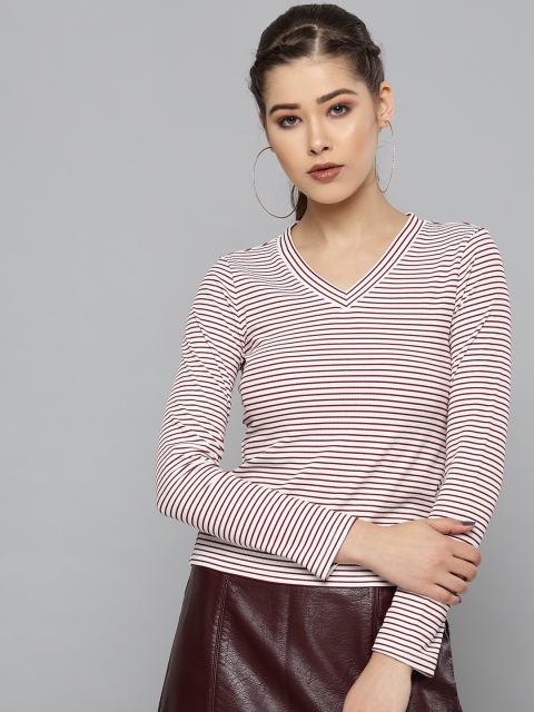 

VividArtsy Women White & Maroon Striped V-Neck T-shirt
