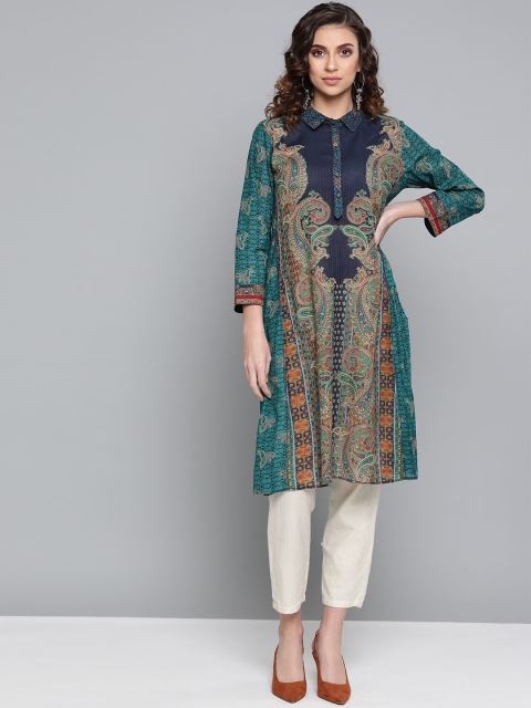 

Ritu Kumar Women Blue & Beige Printed A-Line Kurta