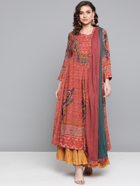 

Ritu Kumar Women Rust Red & Mustard Yellow Printed Kurta with Sharara & Dupatta